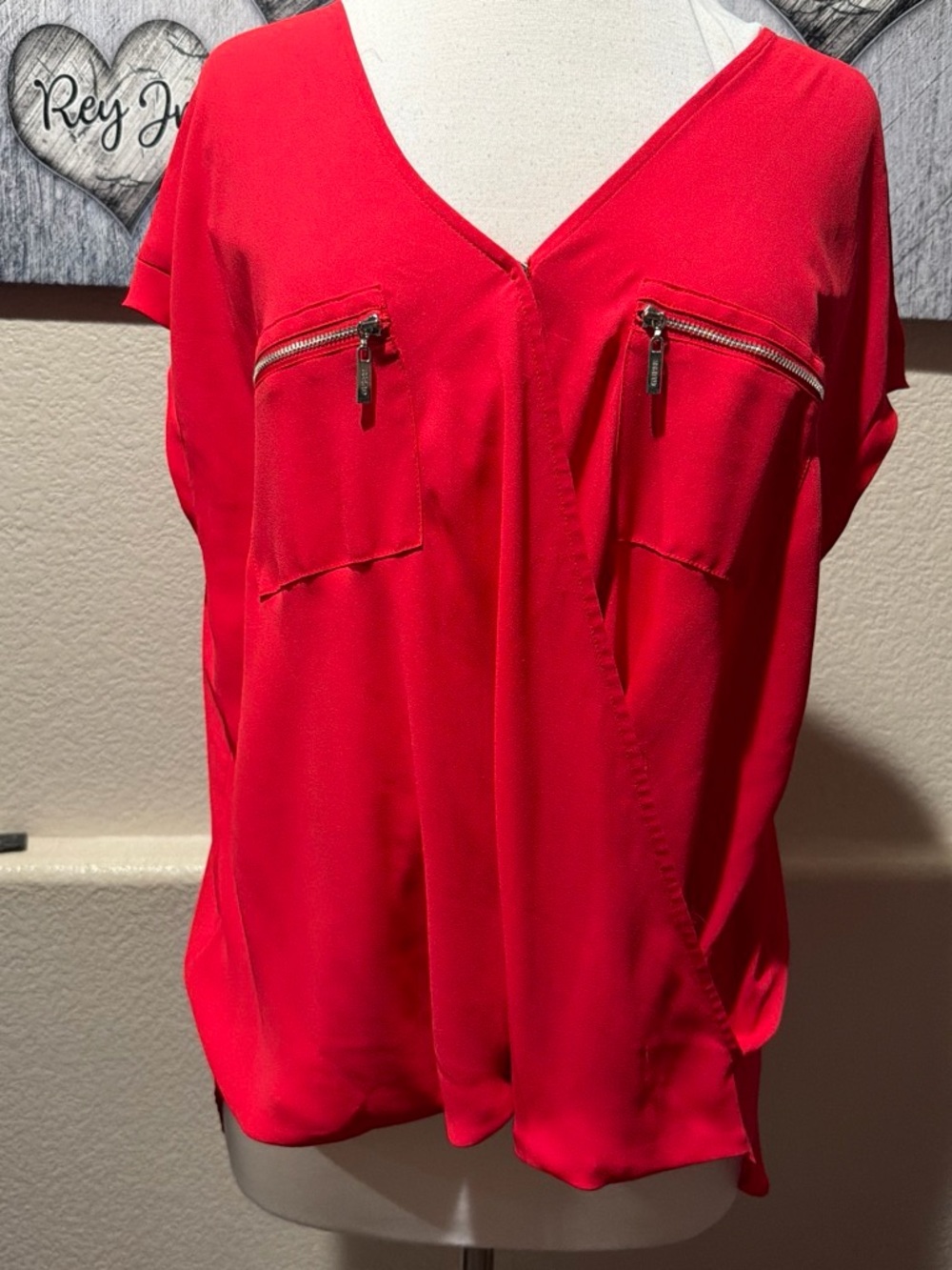 G by Guess Red Zip-Pocket V-Neck Blouse